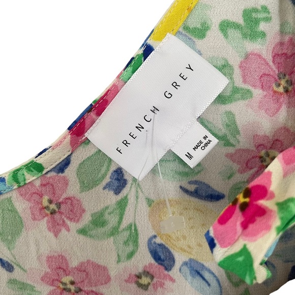 French Grey  Floral Print Sleeveless Summer Dress Empire Waist & Shoulder Ties M - Picture 14 of 15